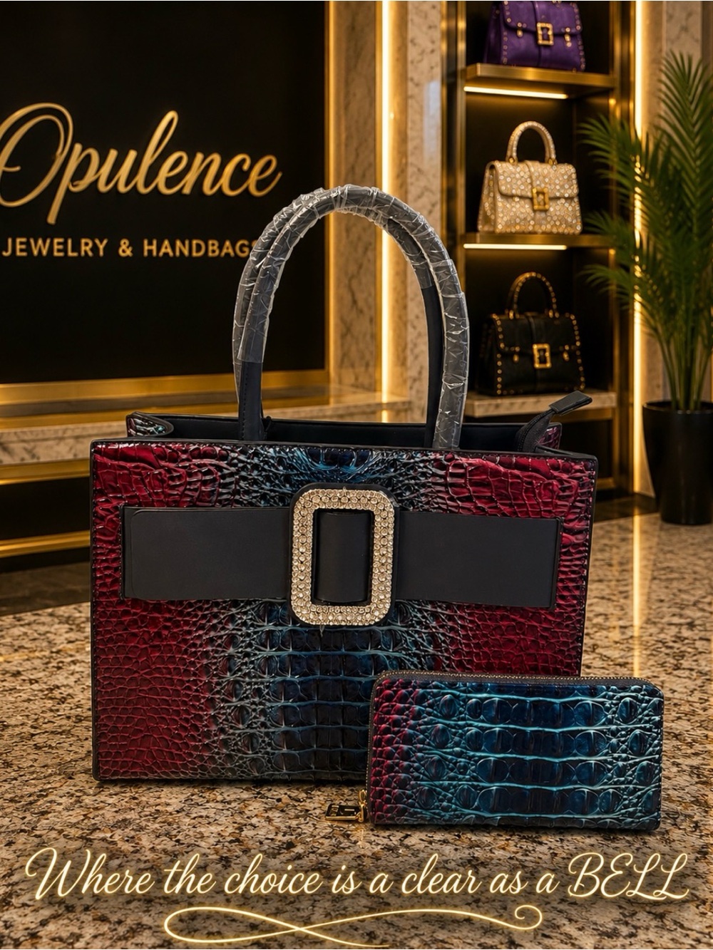 Structured Croc-Embossed Tote with Gem Buckle - Burgundy & Teal